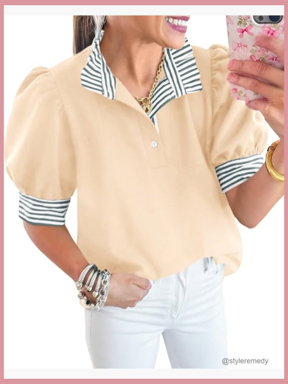 Women's Puff Sleeve Ruffle V Neck Blouse Striped Button Down Top